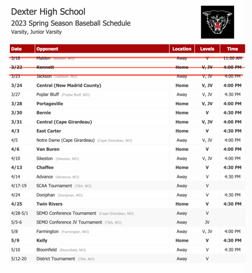 2023 Dexter High School Baseball Schedule