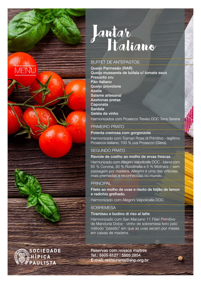 Cardápio do Jantar Italiano na SHP em 25/5 Sociedade