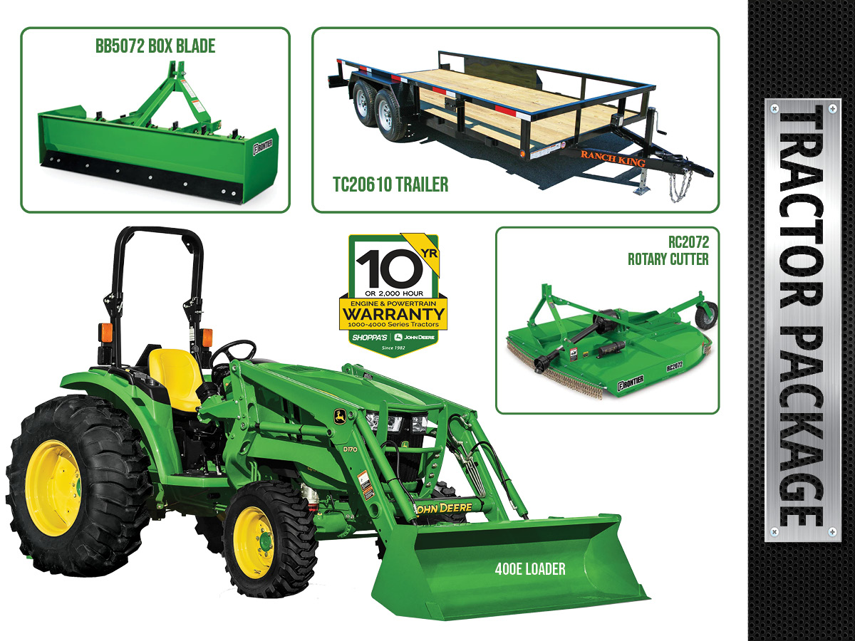 4044M COMPACT UTILITY TRACTOR PACKAGE WITH 400E LOADER + ROTARY CUTTER + BOX BLADE + TRAILER
