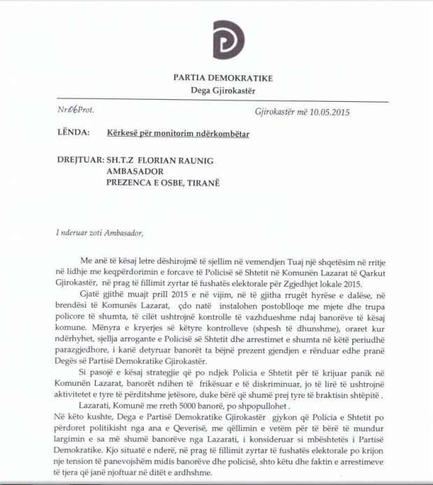 PD letër ankese tek ndërkombëtarët Policia presion banorëve të