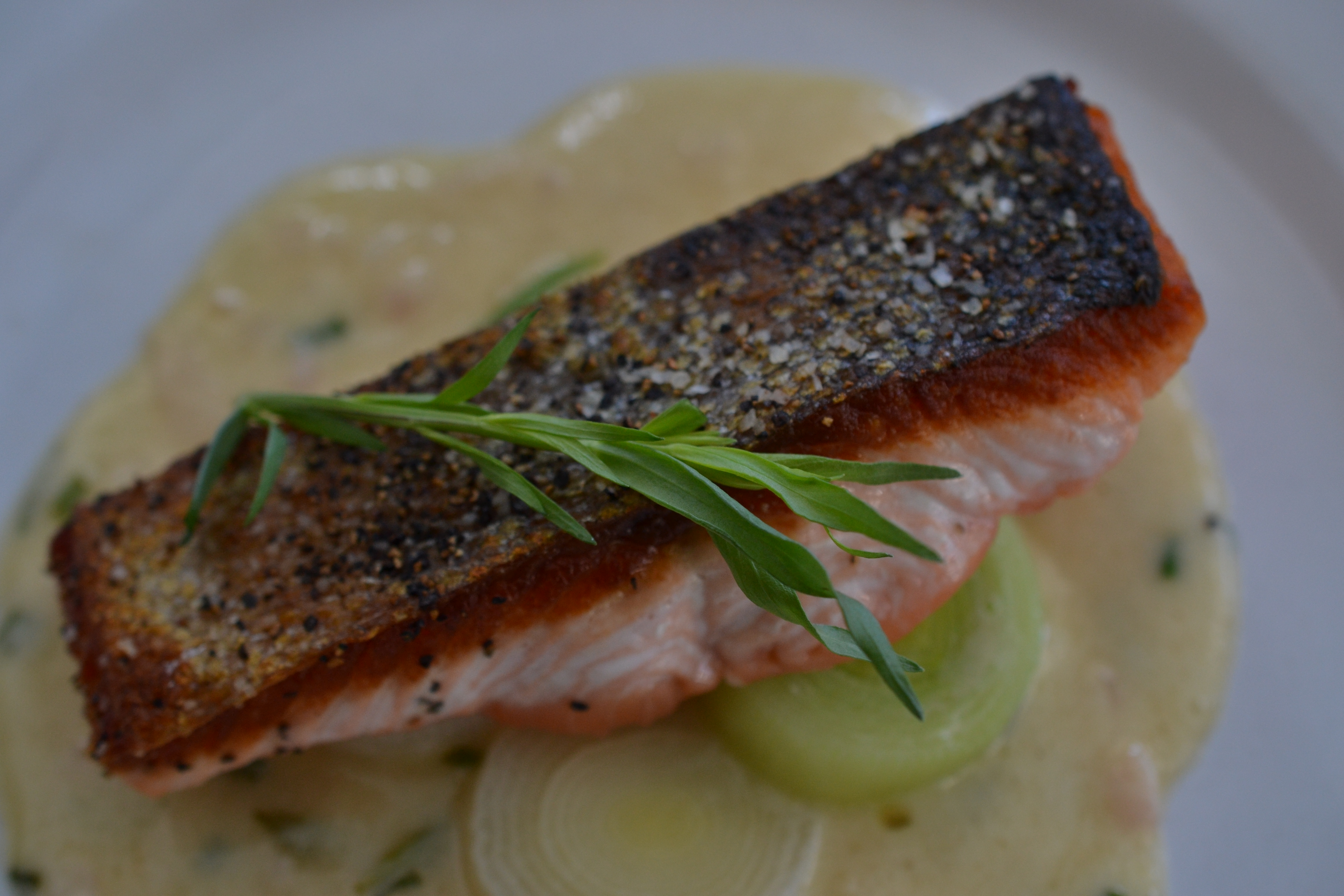 Crispy Salmon with Leeks and Beurre Blanc Sauce Shredded Sprout