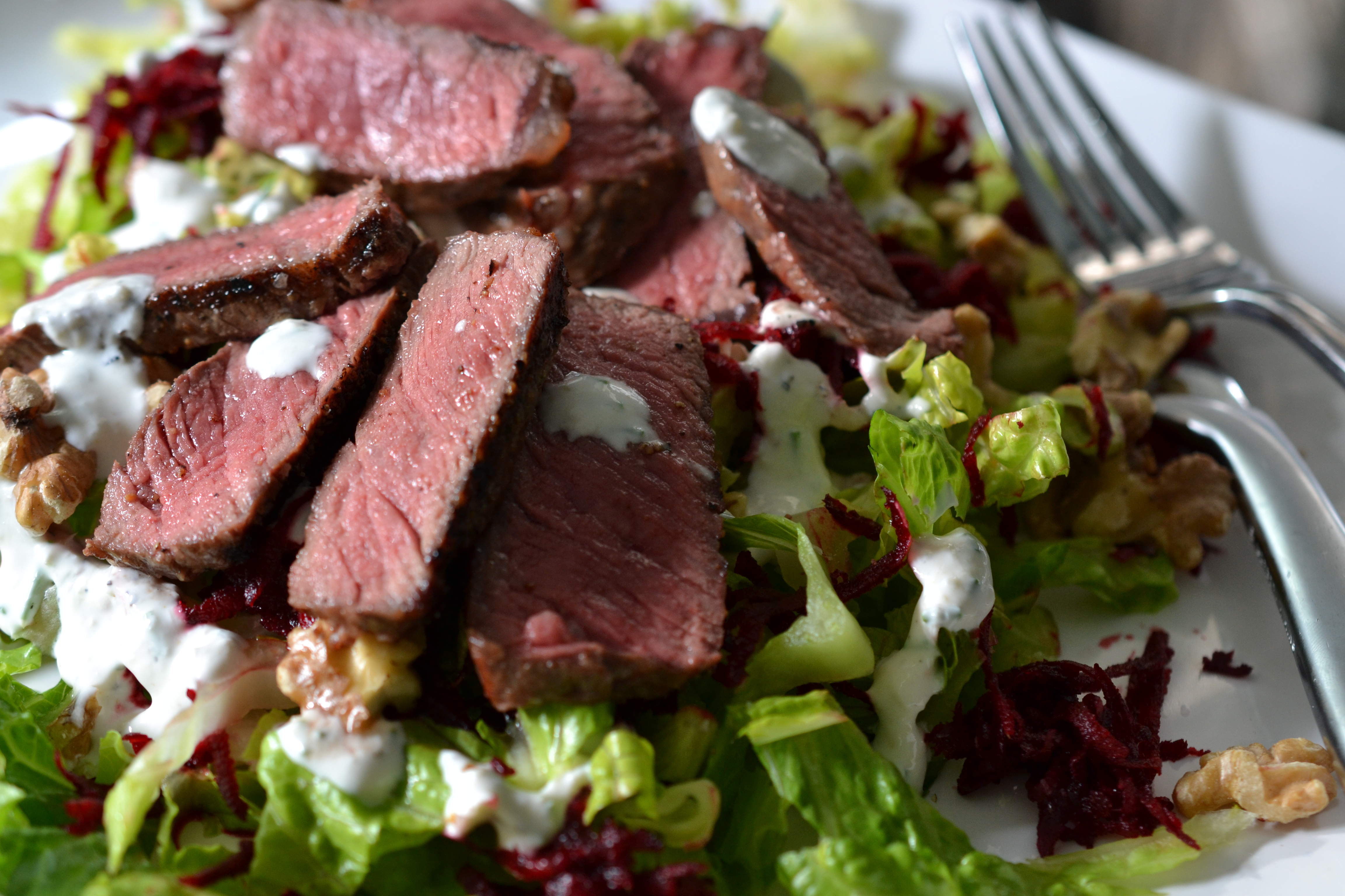 » Steak Salad with Creamy Horseradish Dressing Shredded Sprout