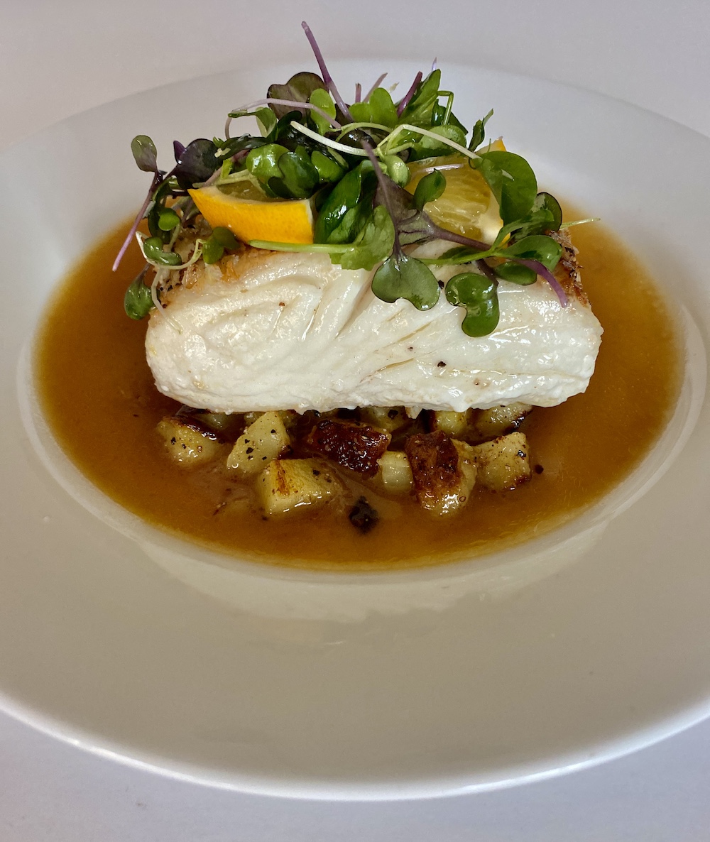 Pan Seared Halibut with Orange Sauce Shredded Sprout