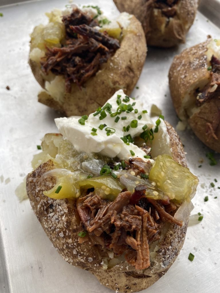 Loaded Brisket Baked Potato and Tomatillo Jam Shredded Sprout