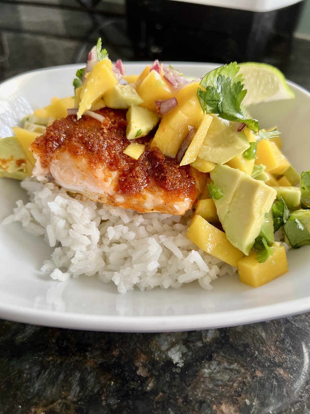 BBQ Salmon Bowls with Mango Salsa Shredded Sprout