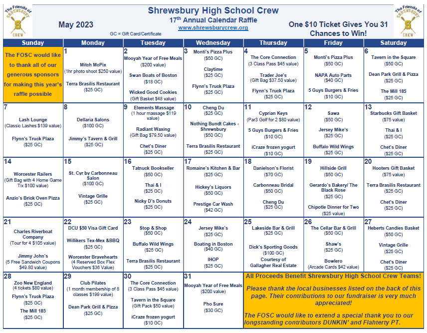 SHS Crew 17th Annual Calendar Raffle Shrewsbury High School Crew