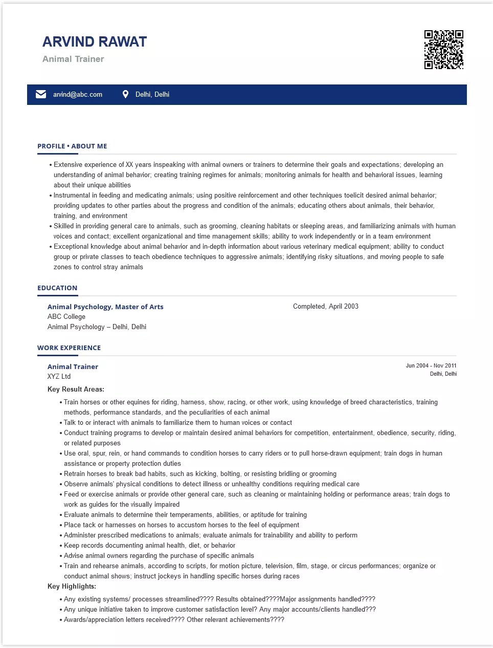 Animal Trainer Sample & Ready To Use Example ShriResume