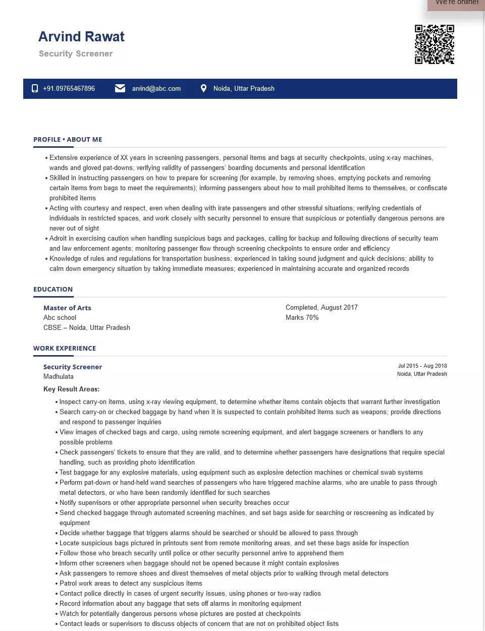 Security Screener Sample & Ready To Use Example ShriResume