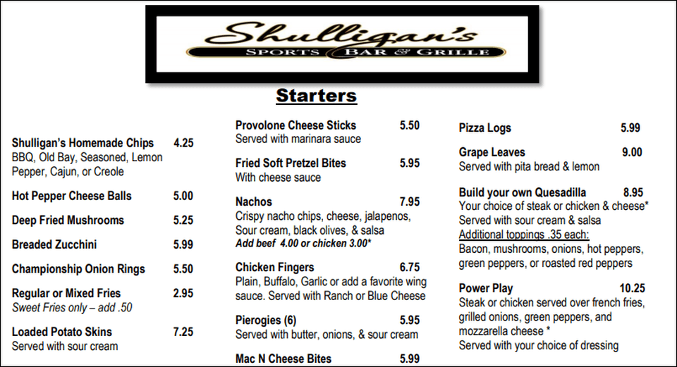 Menu Shulligan's Sports Bar and Grille
