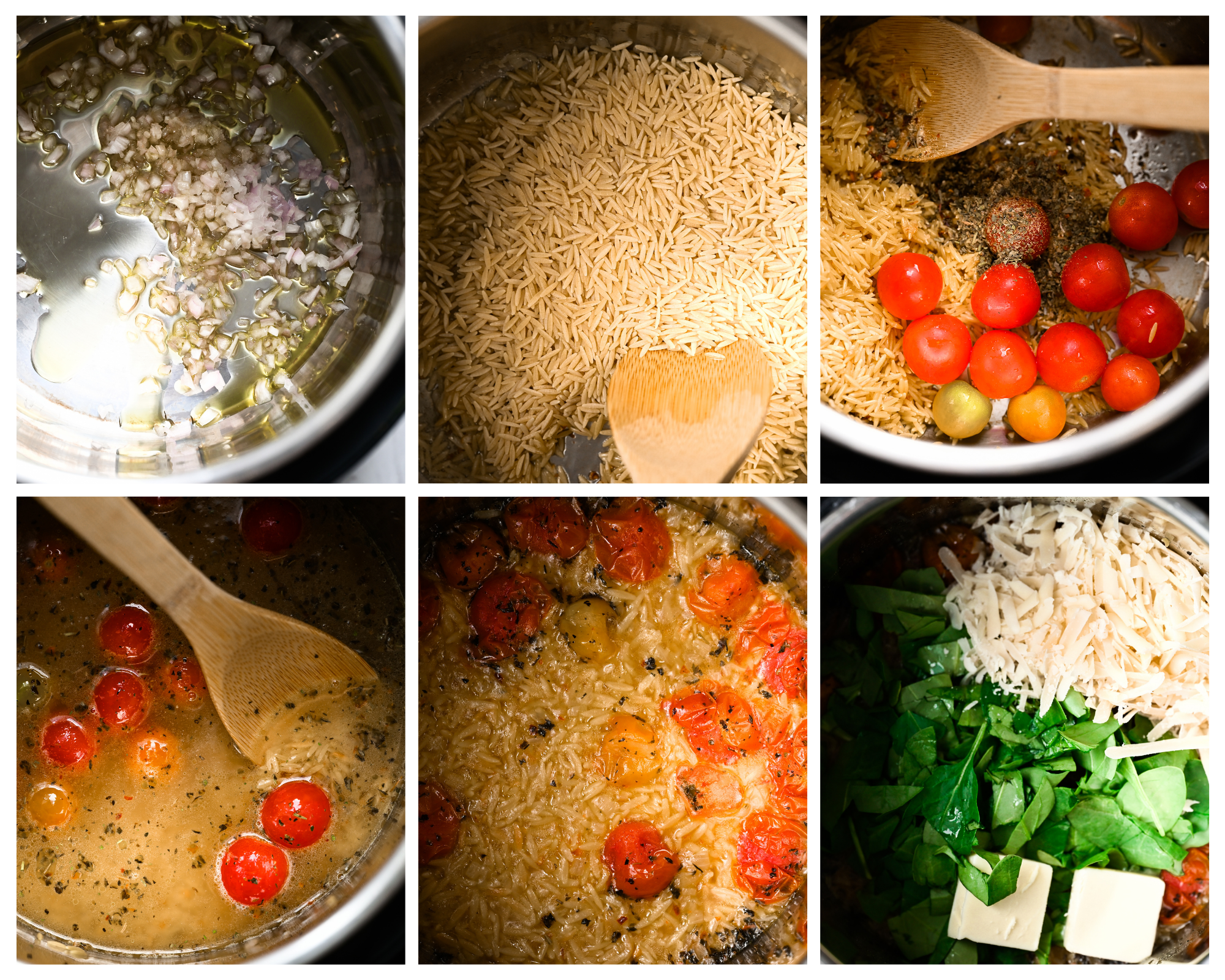 Process shot collage showing the steps outlined in the method of the recipe card. 