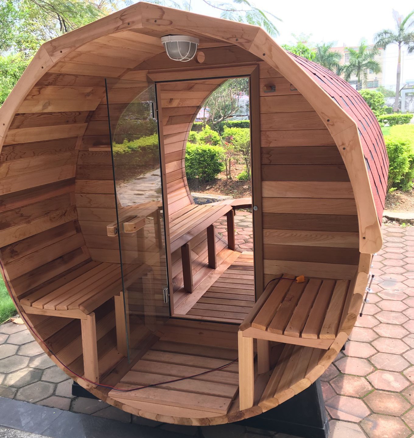 Red Cedar Barrel Sauna Panoramic, Porch 4 Person Shym Saunas