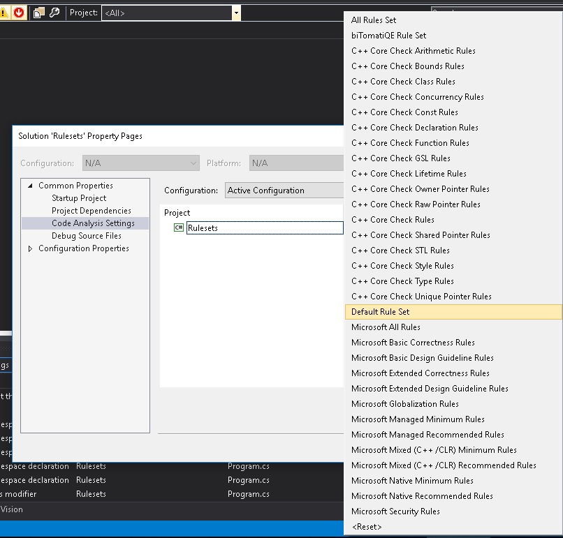 Static analysis of code in Visual Studio, Rule sets, etc