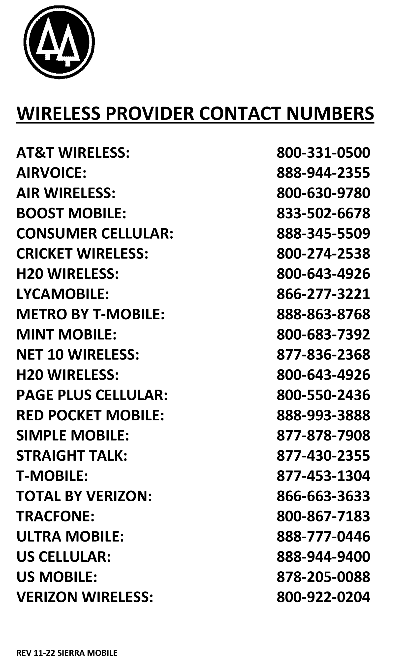 Wireless Provider Contact Numbers Sierra Mobile Communications