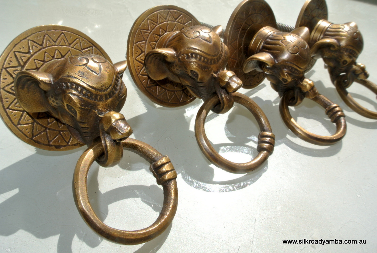 4 ELEPHANT pulls handles antique solid brass vintage drawer knobs ring