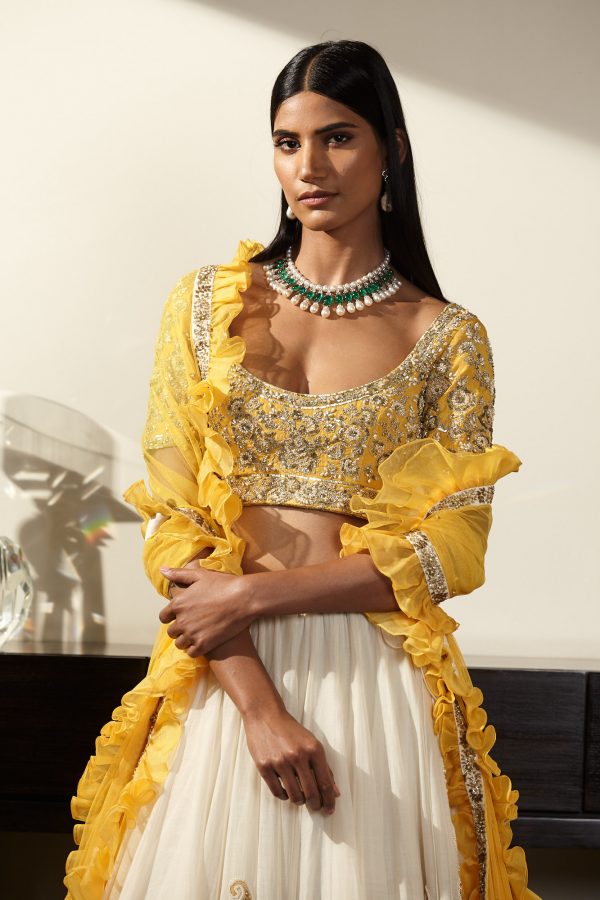 Ivory Lehenga with Yellow Blouse Indian Clothes in Dallas Custom