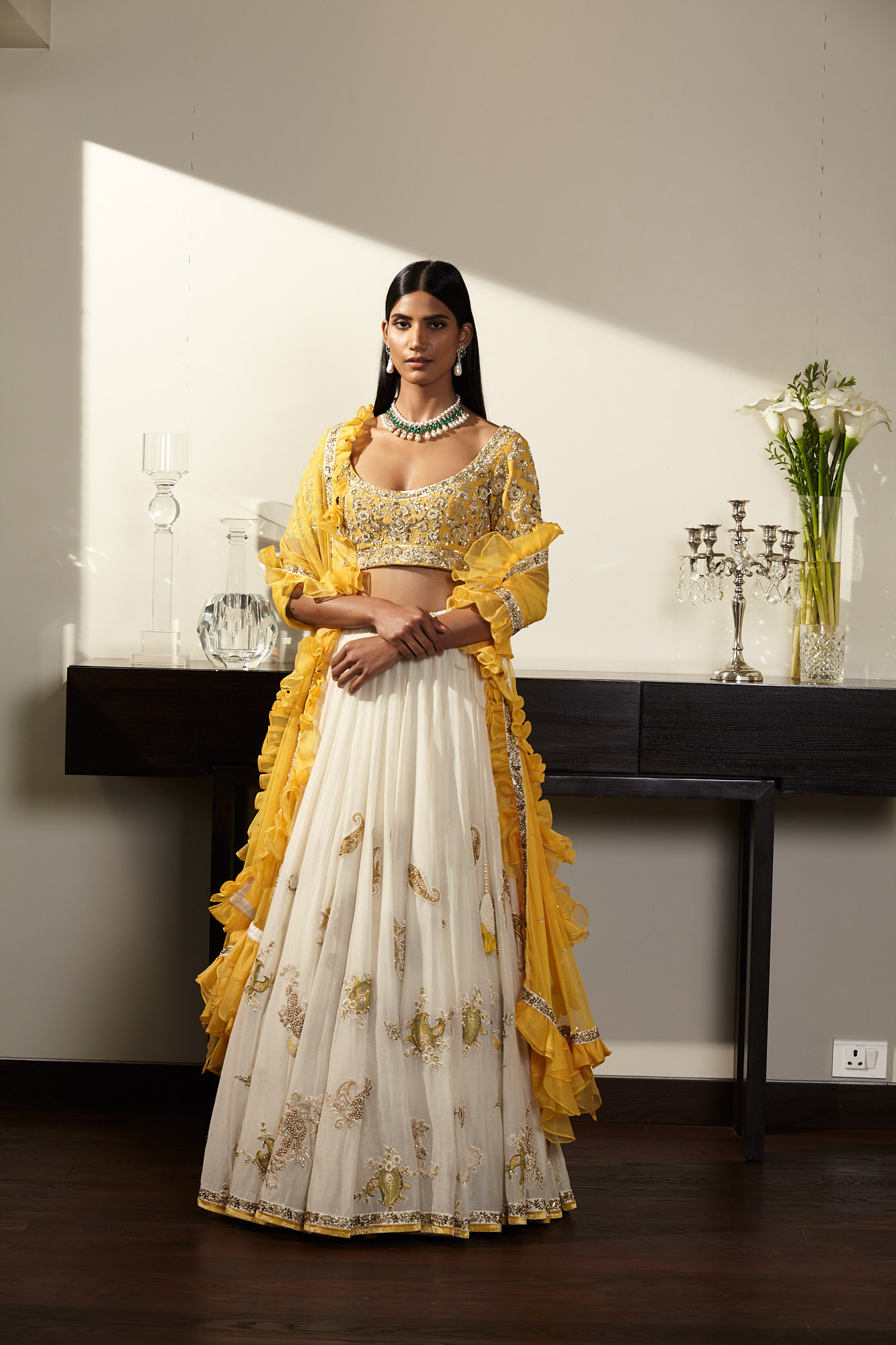 Ivory Lehenga with Yellow Blouse Indian Clothes Dallas, Custom