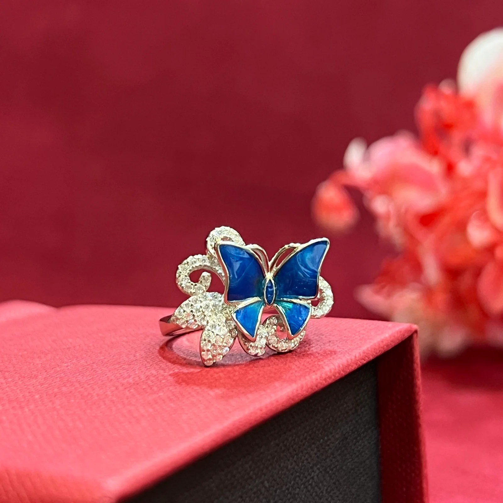 Blue Butterfly With Stone Studded Women's Silver Ring Design