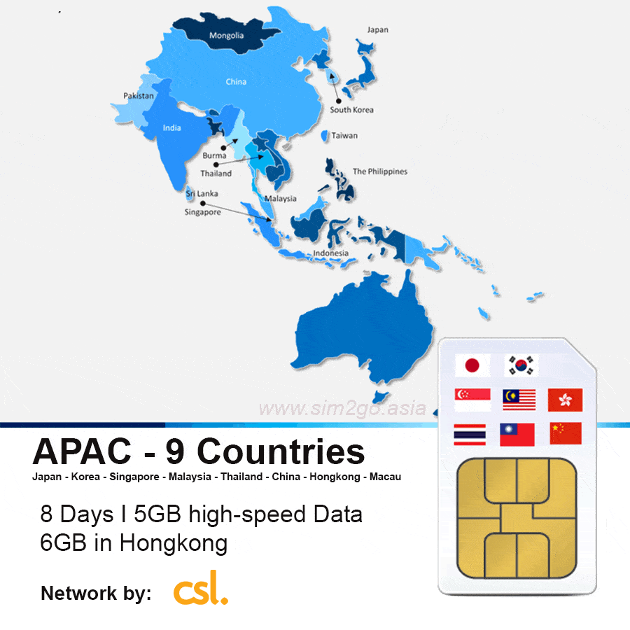 Asia Pacific Travel Sim 9 Countries I 5GB highspeed