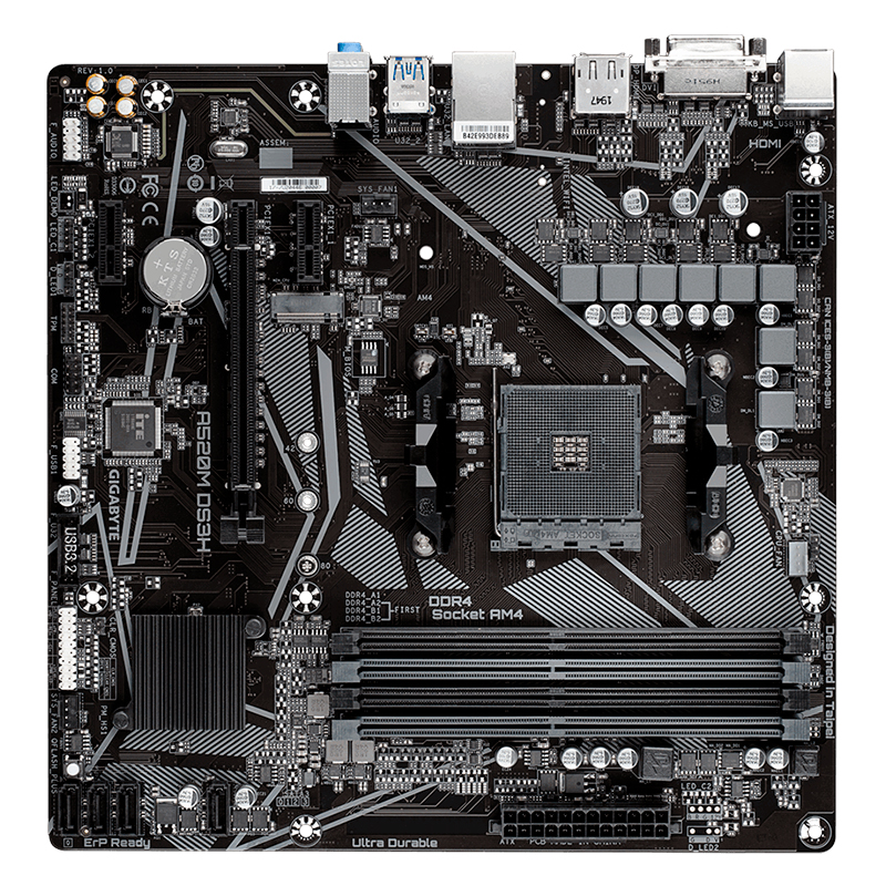 MOTHERBOARD GIGABYTE A520M DS3H (REV. 1.0), AM4, DDR4, HDMI, DVID, DP, HD AUDIO.