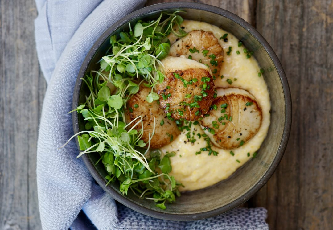 Seared Scallops With Cheese Grits Simmer + Sauce