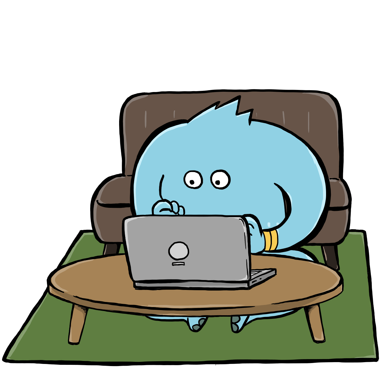 リビングでノートパソコンを打つパパモンのフリーイラスト