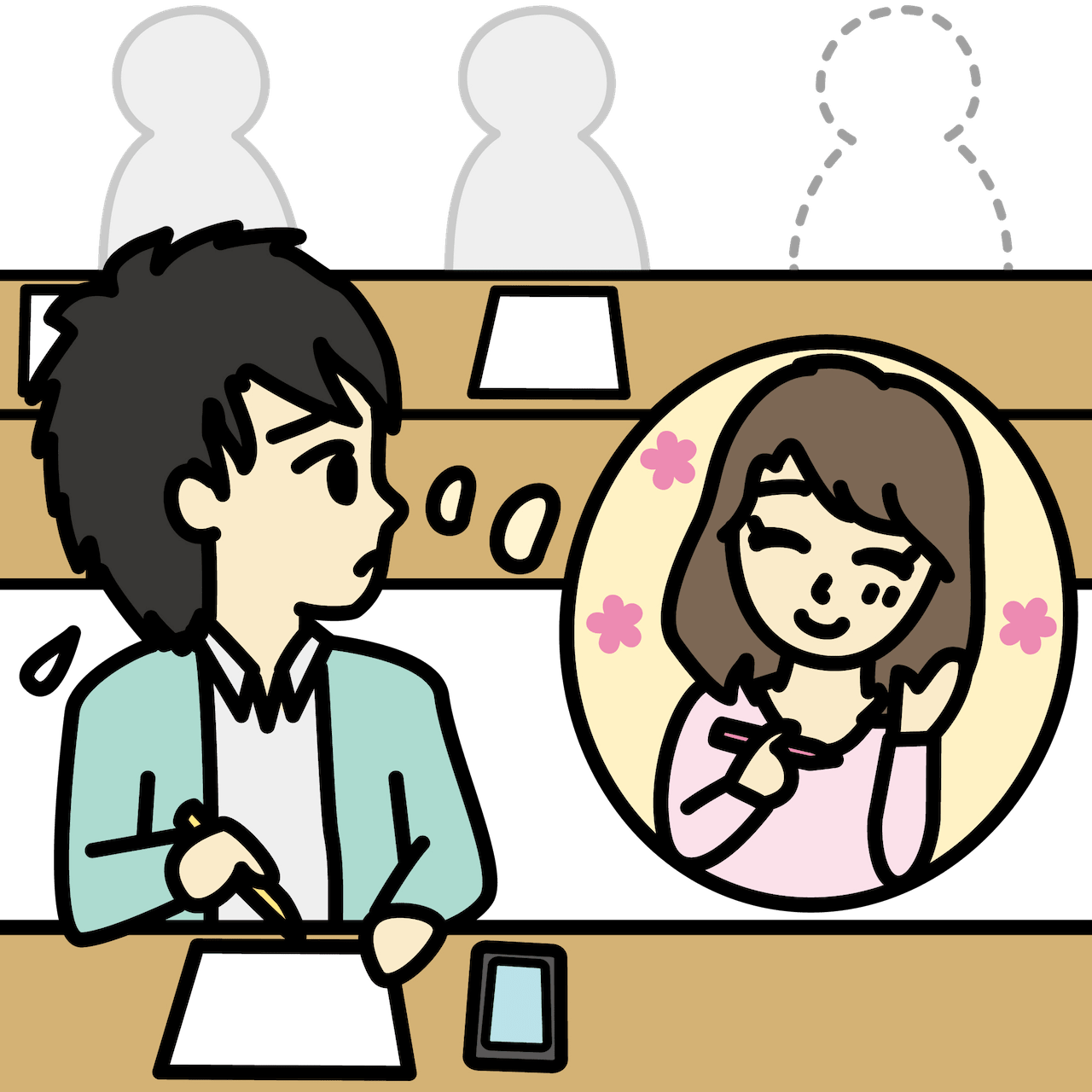 講義に来ないことを心配する男性のフリーイラスト