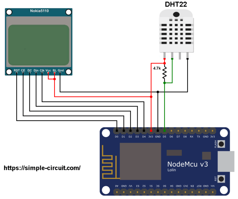 Interfacing NodeMCU with DHT22 Sensor and Nokia LCD