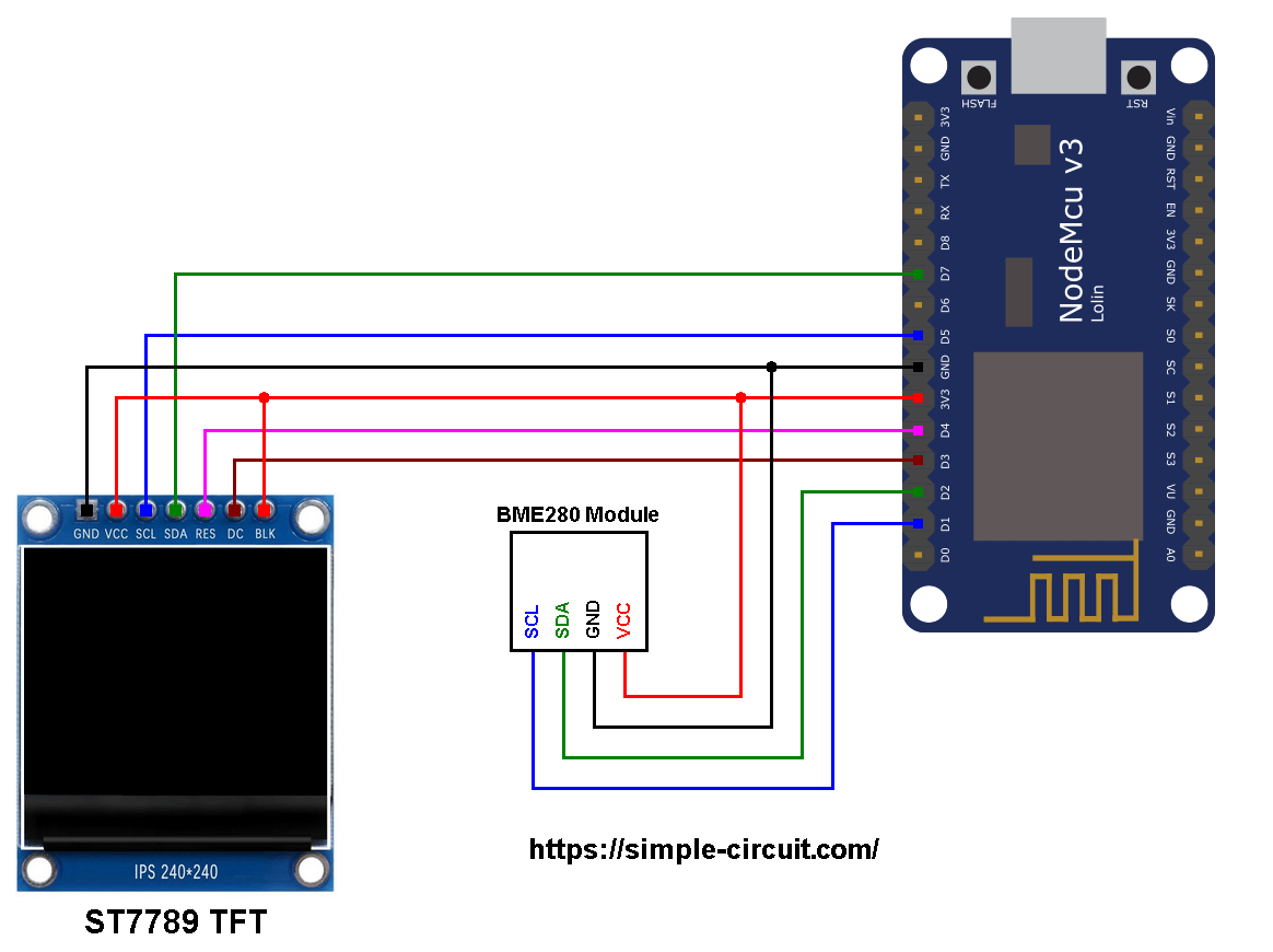 Weather Station using ESP8266 NodeMCU with BME280 Sensor & ST7789 TFT
