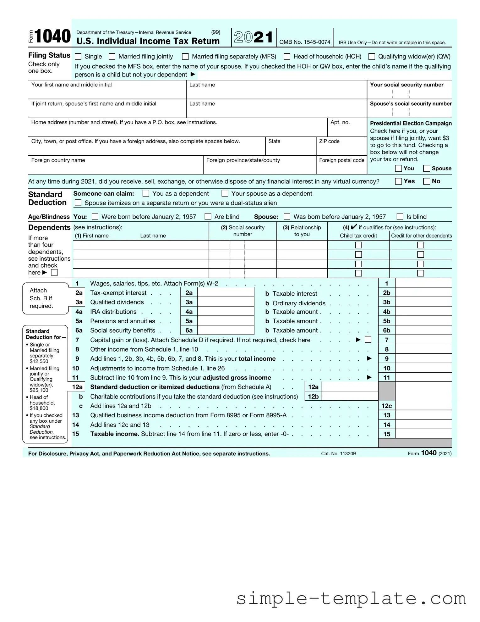 Free IRS 1040 Template – Printable Form