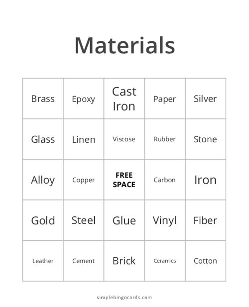 Printable Materials Bingo