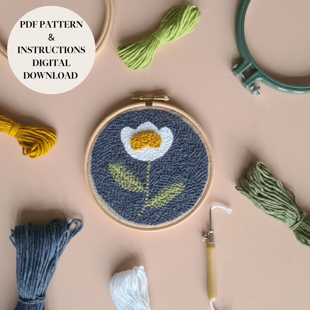 Blue Background Daisy PDF Punch Needle Pattern & Digital Instructions Simple Crafted Life