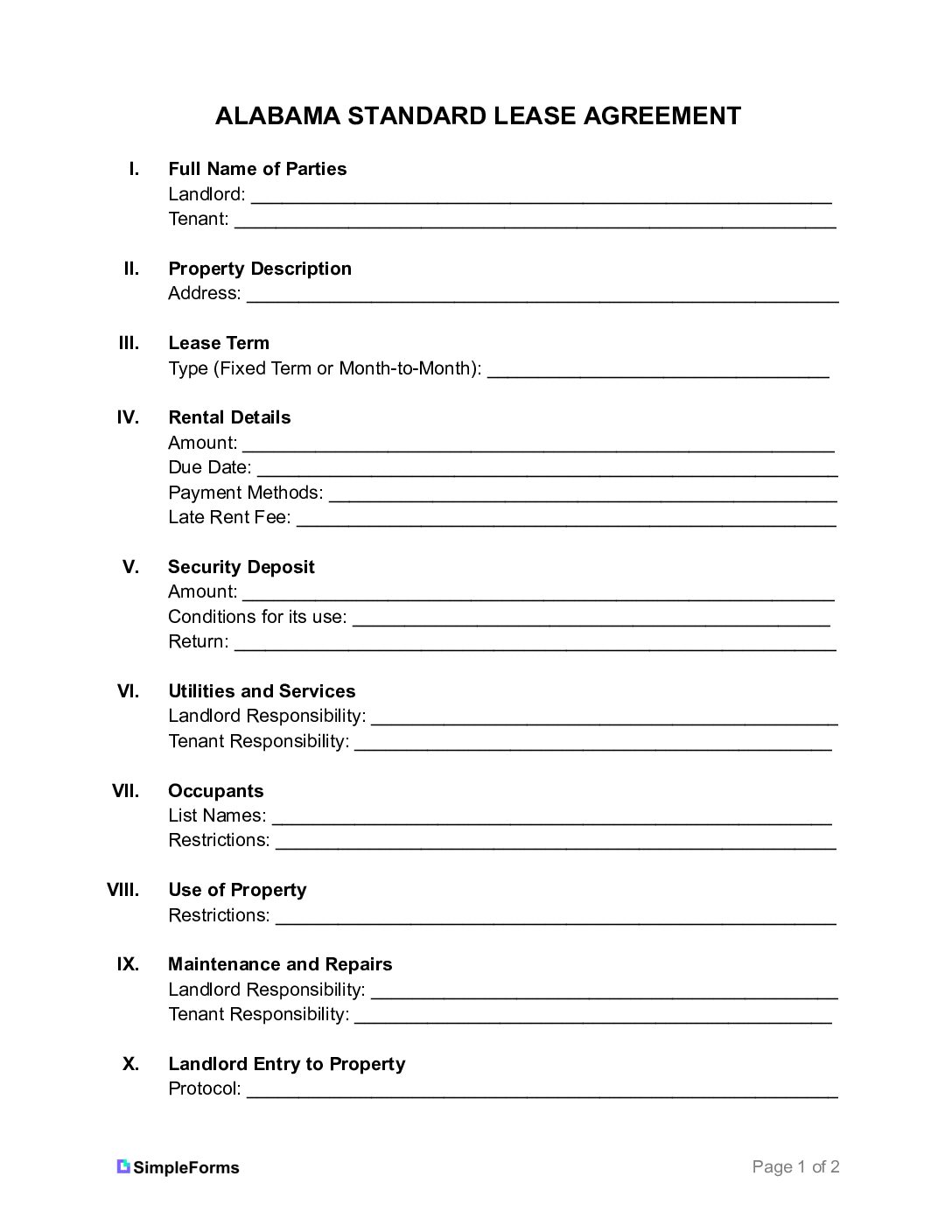 Free Alabama Lease Agreement Template Simple Forms PDF Word