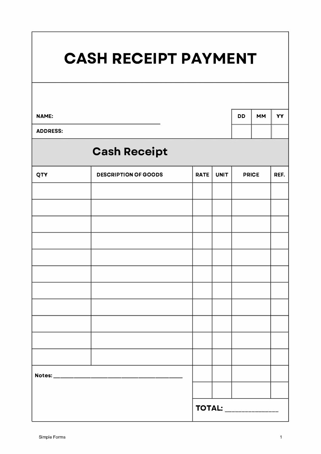 Cash Payment Receipt Template Simple PDF & WORD Forms