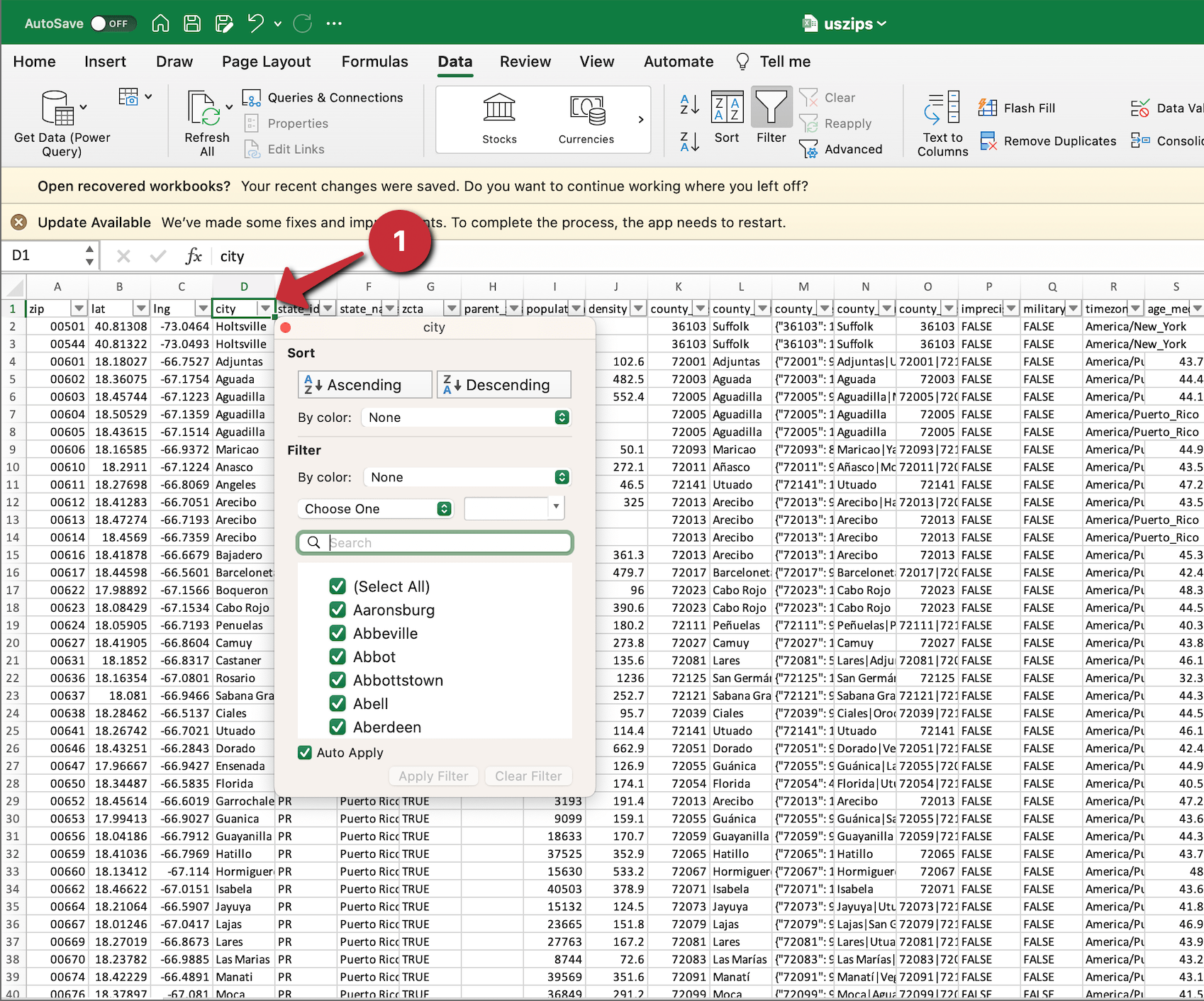 Tutorial How to filter cities database using Excel.