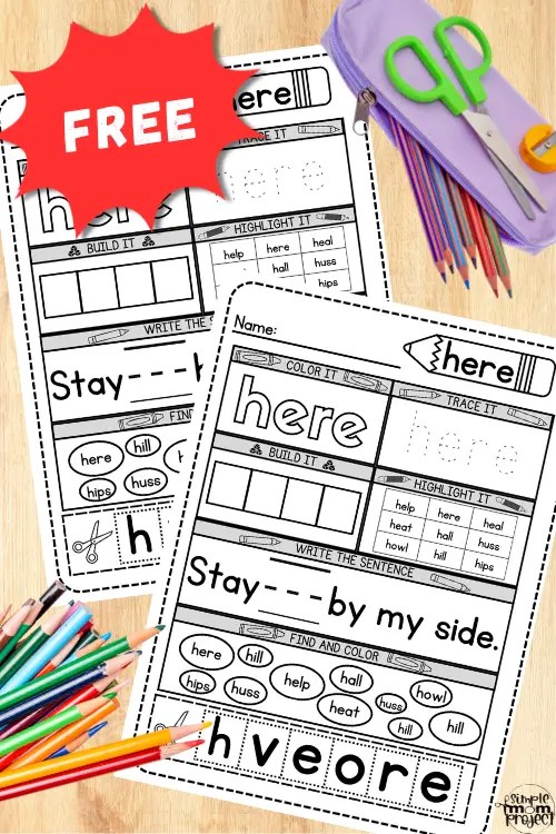 Free Printable Here Sight Word Practice Worksheet – Simple Mom Project