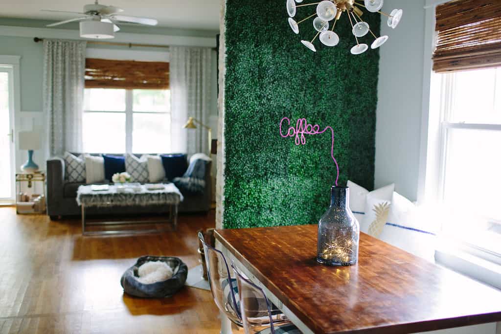 Artificial Boxwood Accent Wall and DIY Neon Sign