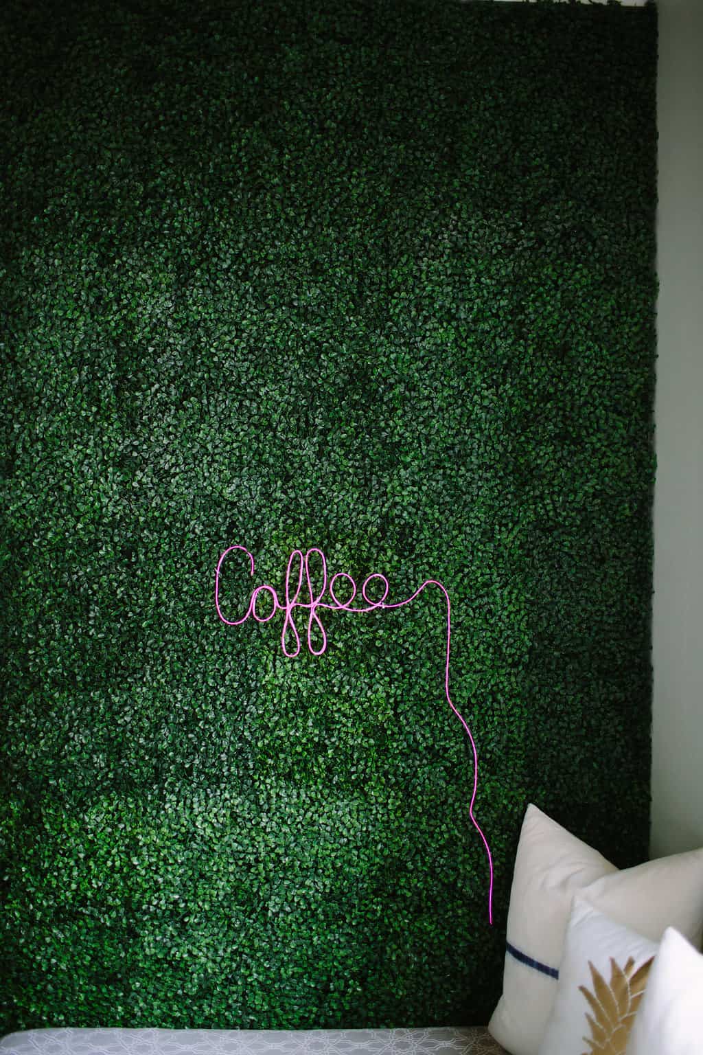 Artificial Boxwood Accent Wall and DIY Neon Sign