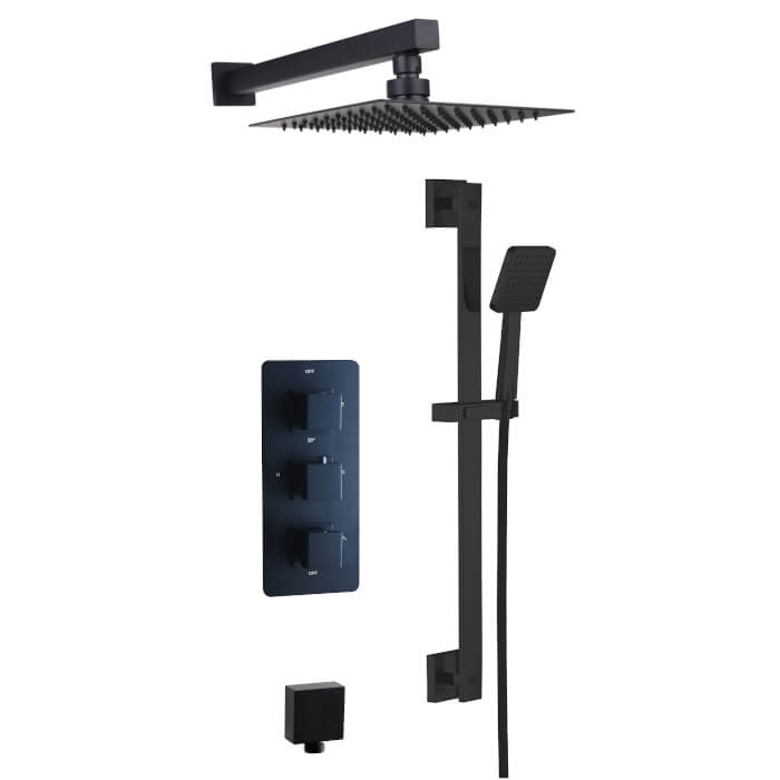 Square Concealed Shower Valve, Fixed Head & Riser Kit In Black
