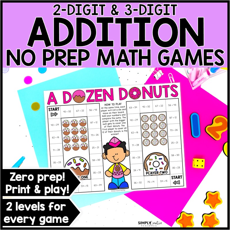 Addition Games - 2 Digit 3 Digit Math Activities, No Prep - Simply