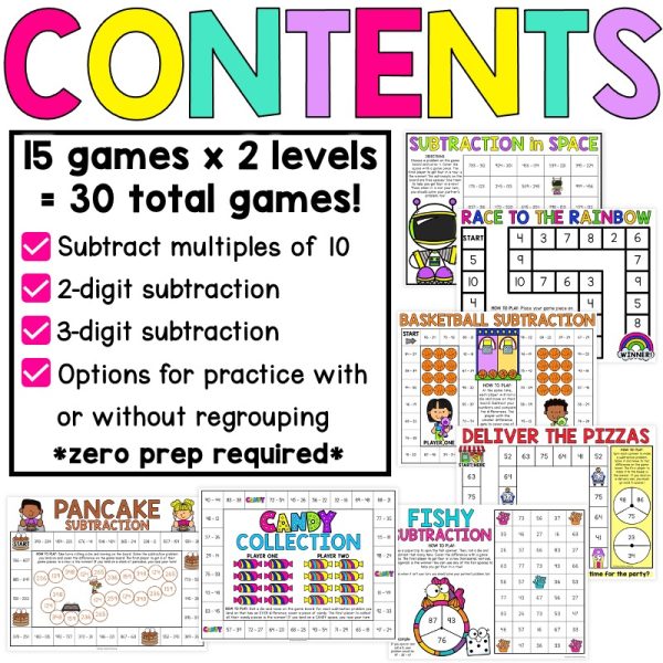 Subtraction With Regrouping Games - 2 Digit 3 Digit, No Prep - Simply