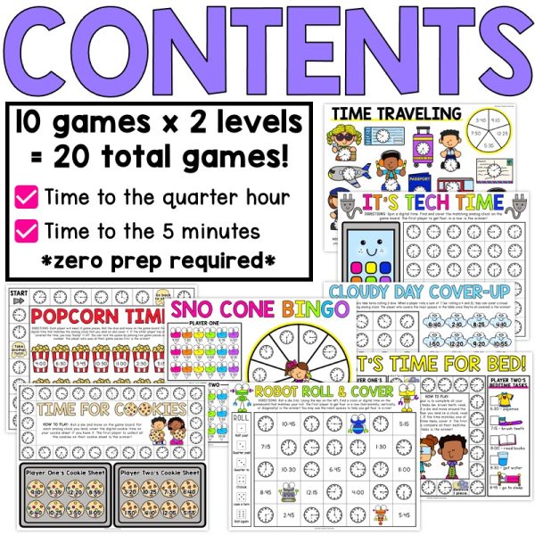 Telling Time Games to the Nearest Quarter Hour, 5 Minutes, First