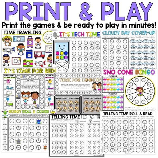 Telling Time Games to the Nearest Quarter Hour, 5 Minutes, First