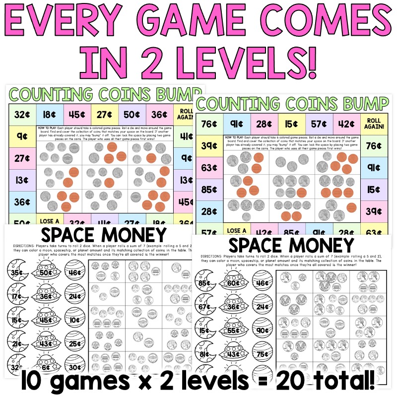 Counting Coins Games, No Prep Money, 1st & 2nd Grade, Mixed Coins