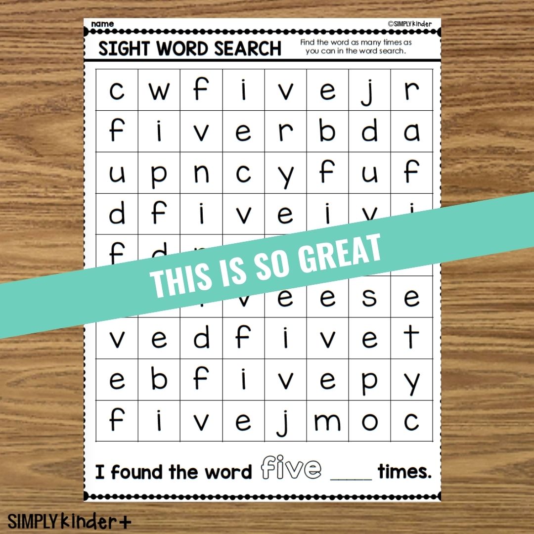 Five Sight Word Search - Dolch - Simply Kinder Plus