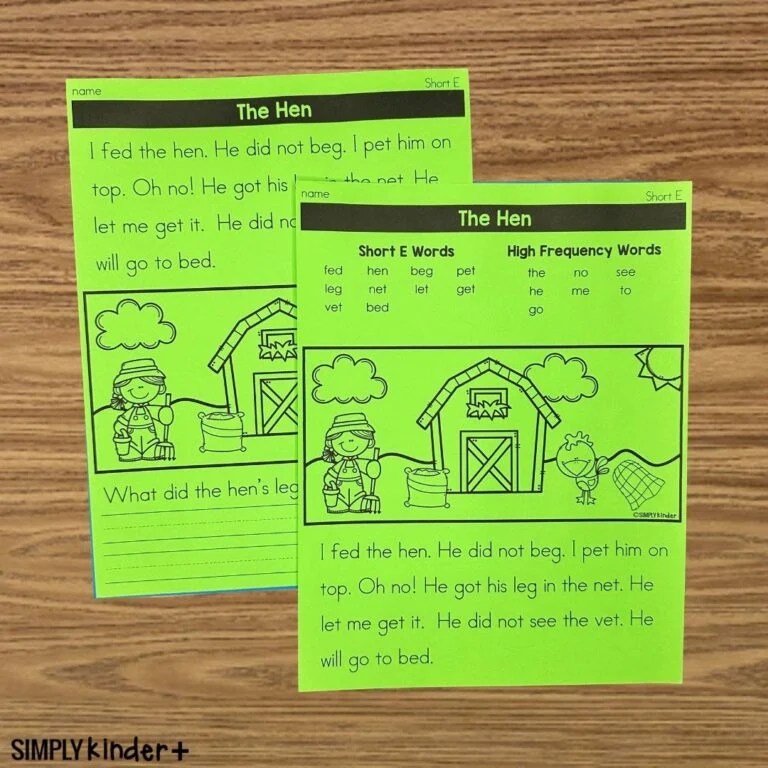 The Hen CVC Short Vowel E Quick Reading Fluency & Comprehension