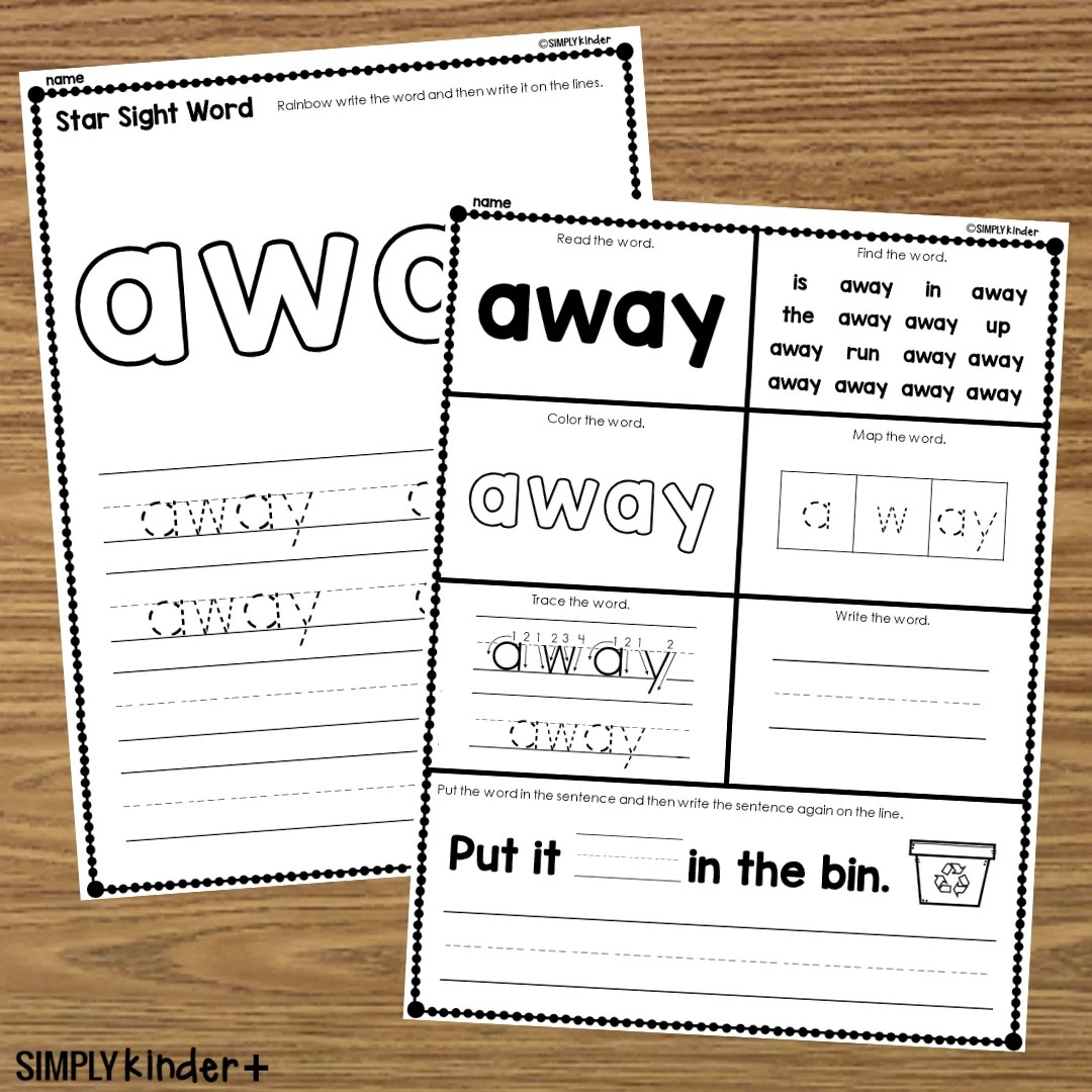 Away - Sight Word Printable Activities - Simply Kinder Plus