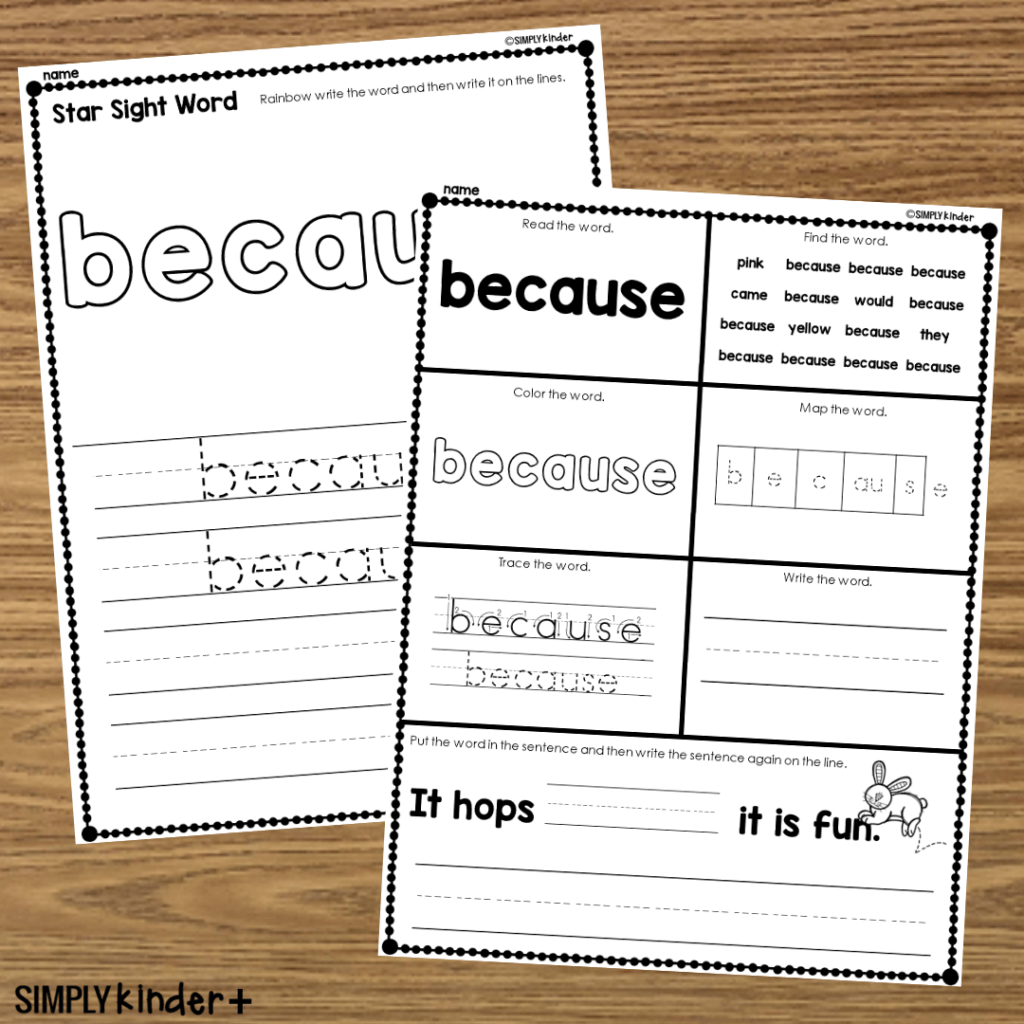 Because Sight Word Printable Activities Simply Kinder Plus