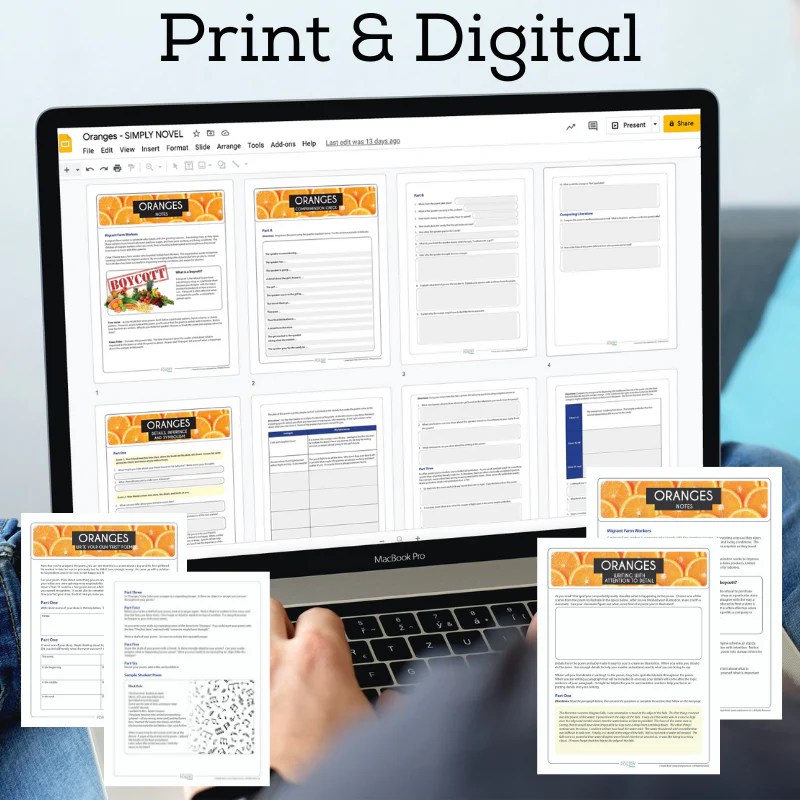 Oranges by Gary Soto 17Page Poetry Unit Questions, Activities, Test