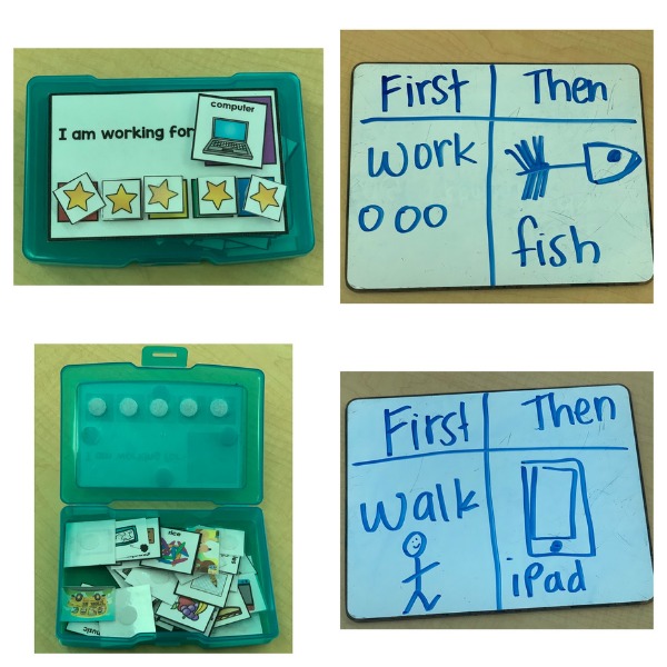 This is a photo of some visuals. One is a token economy and the others are first/then.