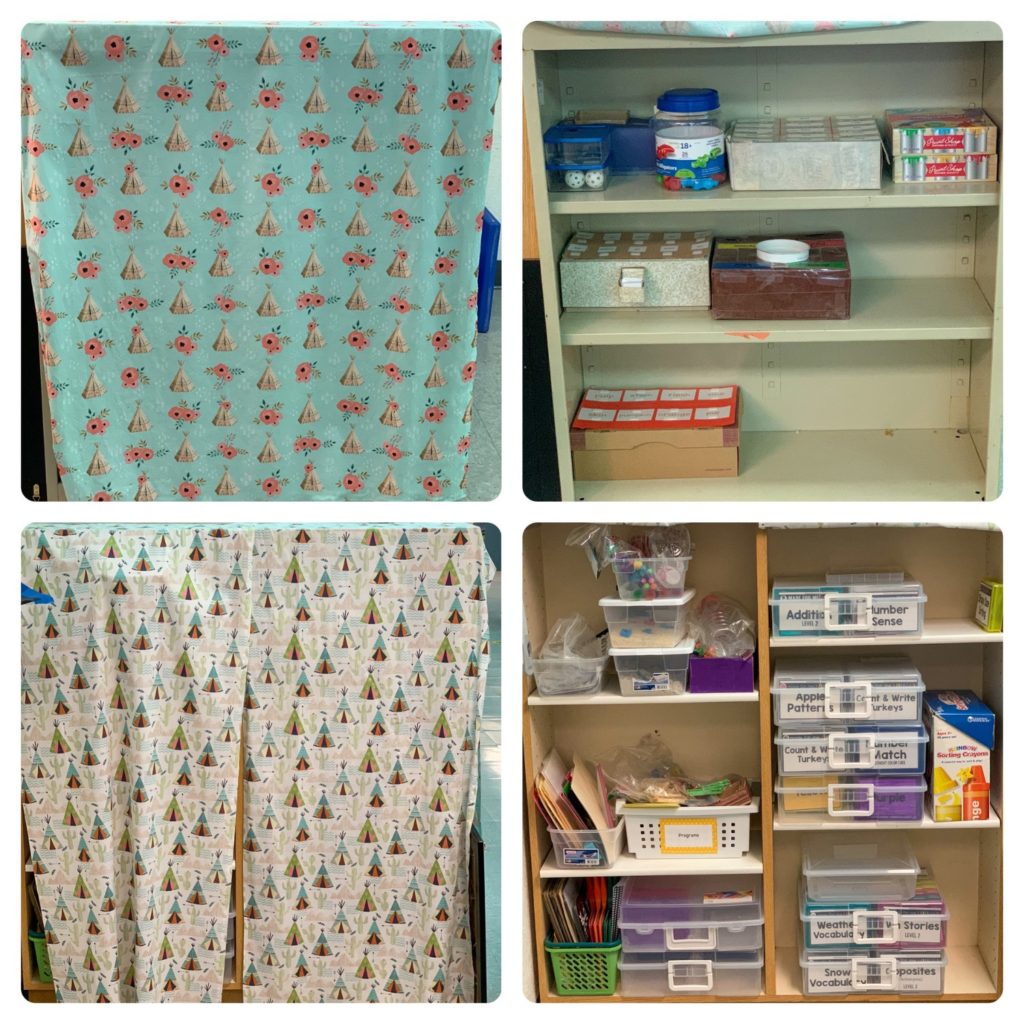 This is a photo of my two task box storage shelves. There are various different task boxes on shelves. Two pictures show how I keep the shelves covered.